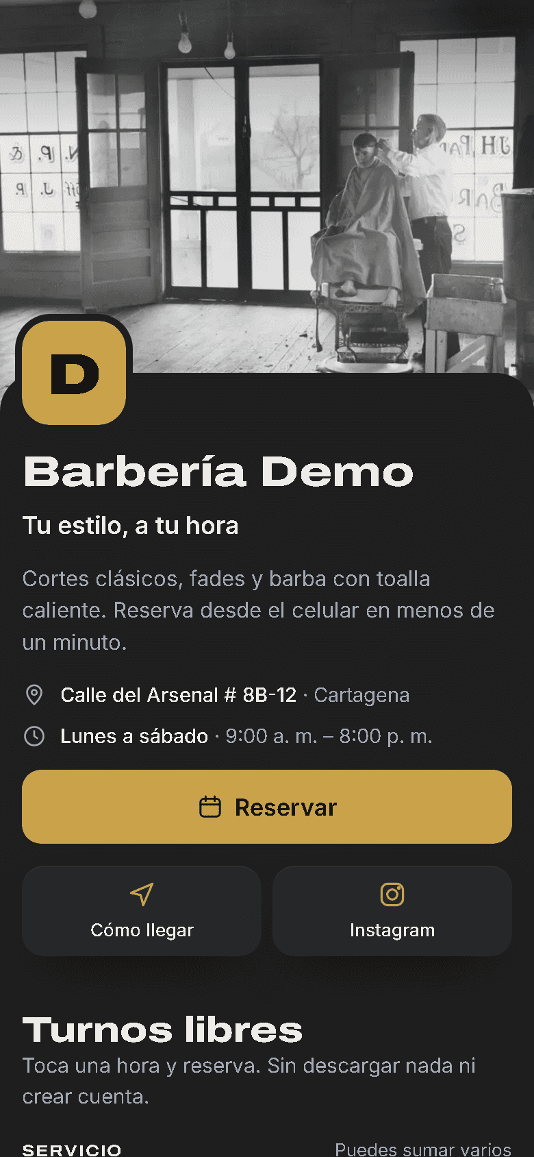Página de reservas de la barbería de muestra en un celular